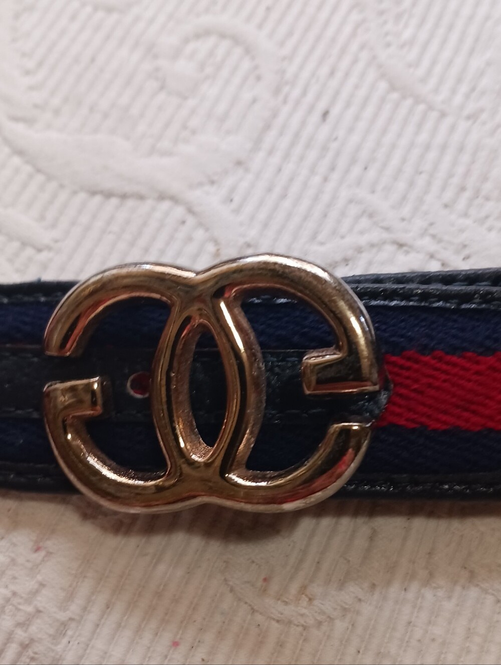 Gucci Gold Double-G Buckle Navy & Red Stripe Women's Belt